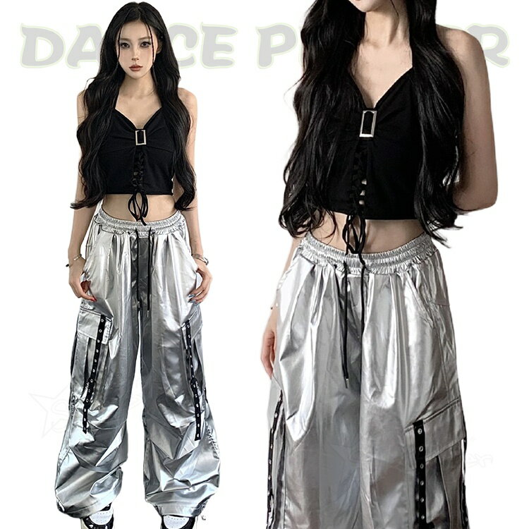 k-pop 衣装 大人 シルバー 韓国 ダンス 衣装 黒 セットアップ レディース ダンス衣装 大人 へそ出し トップス 黒 シルバー カーゴパンツ ヒップホップ ゆったり ストリート ジャズ K-pop アイドル 衣装 ステージ衣装 中学生 高校生 発表会 応援 演出服 jazz ダンスウェア