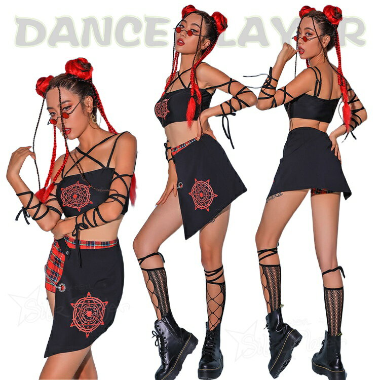 乐天商城 - ダンス衣装 レディース セットアップ 赤 黒 チェック柄 DS演出服 肩出し ヘソ出し k-pop DS演出服 ヒップホップ チアガール ステージ衣装 おしゃれ ヒップホップ チアガール 演出服 レディース ヘソ出し 派手 jazz 団体 ダンスウェア クラブ 衣装