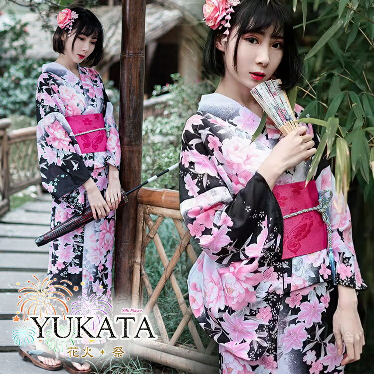 Other - 浴衣 レディース 黒地 牡丹柄 桜柄 ピンク花 単衣 夏用 和服 浴衣セット 高校生 ワンピース 浴衣 中学生 ゆかた 花火大会 女性 女の子レトロ 街着 お出かけ お稽古 かわいい おしゃれ 大きめ ジュニア 中学生 夏祭り 写真撮影 盆踊り 旅館旅行 お花見 プレゼント 140cm