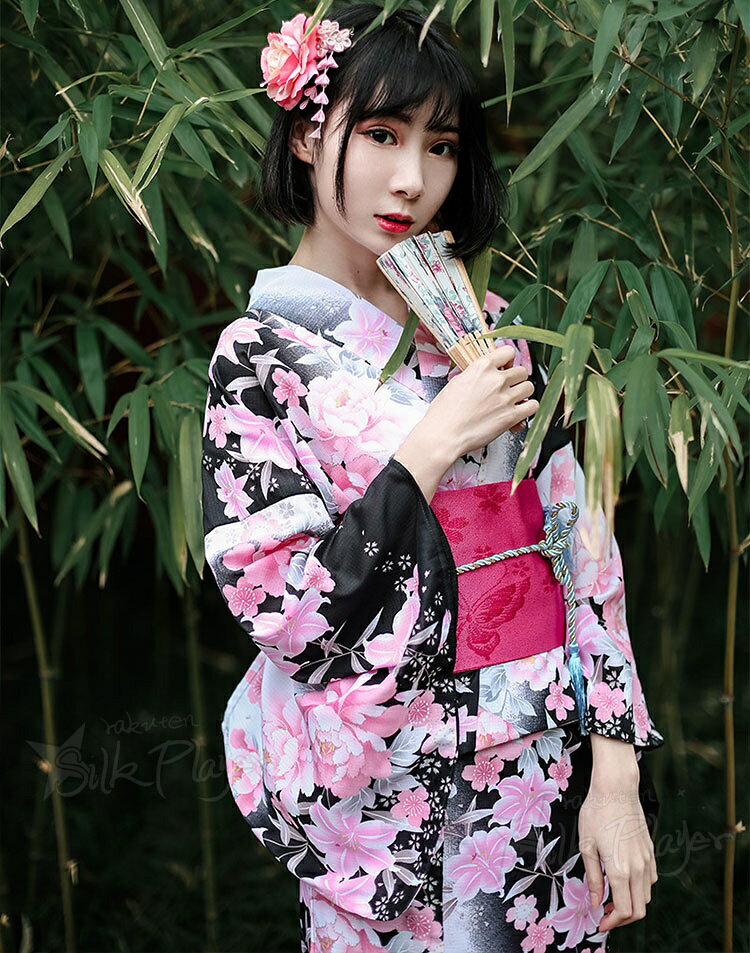 Silk Playerの浴衣 レディース 黒地 牡丹柄 桜柄 ピンク花 単衣 夏用 和服 浴衣セット 高校生 ワンピース 浴衣 中学生 ゆかた 花火大会 女性 女の子レトロ 街着 お出かけ お稽古 かわいい おしゃれ 大きめ ジュニア 中学生 夏祭り 写真撮影 盆踊り 旅館旅行 お花見 プレゼント 140cm｜アングル2
