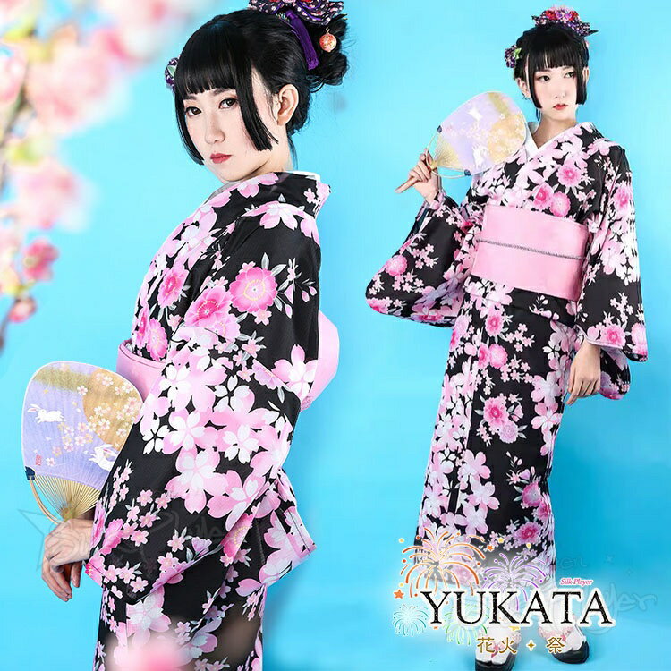 Female Yukatas - 浴衣 レディース 大人 黒地 桜柄 ピンク 花柄 単衣 夏用 和服 セット 浴衣 高校生 ワンピース 浴衣 中学生 ゆかた 花火大会 女性 女の子レトロ 街着 お出かけ お稽古 かわいい おしゃれ 大きめ ジュニア 中学生 夏祭り 写真撮影 盆踊り 旅館旅行 お花見 プレゼント 140cm