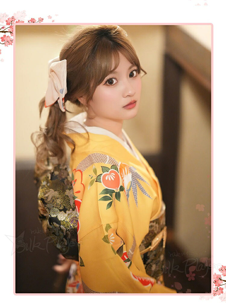 Silk Playerの浴衣 高校生 イエロー 松竹梅 花柄 和装 浴衣セット レディース 大人 中学生 ゆかた 花火大会 女性 女の子 着物風ドレス レトロ 街着 浴衣 160 お稽古 ショッピング かわいい おしゃれ 大きめ ジュニア 中学生 夏祭り 写真撮影 盆踊り 旅館旅行 お花見 プレゼント 140 160｜アングル3