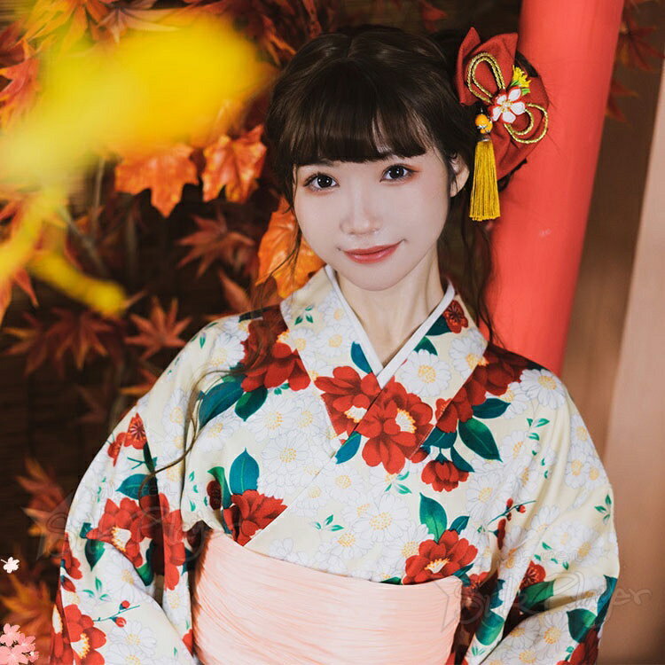 Silk Playerのレディース 浴衣 セット 高校生 ゆかた クリーム白地 赤 大輪椿 総柄 和風 単衣 夏用 和服 9点セット レディース 大人 中学生 ワンピース ゆかた 花火大会 女性 女の子 レトロ 街着 お出かけ お稽古 かわいい おしゃれ 夏祭り 写真撮影 盆踊り 旅館旅行 お花見 プレゼント｜アングル2