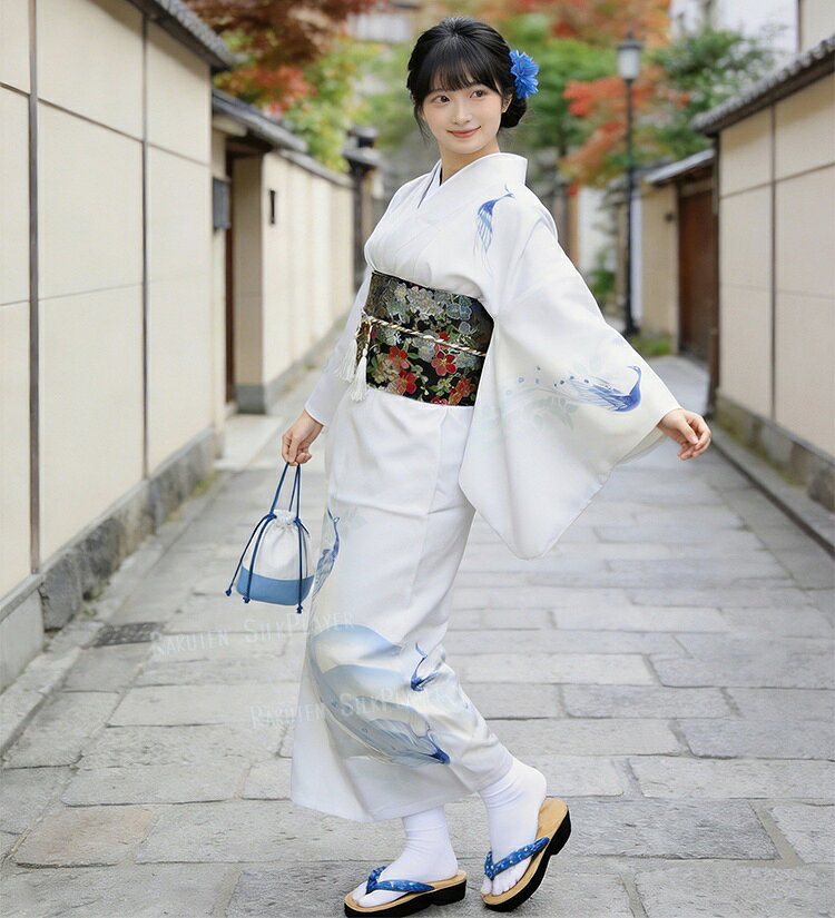 浴衣 160 浴衣 レディース 白 青 孔雀柄 留袖 花火大会 夏祭り ポリエステル浴衣 夏 レディース 9点セット 兵児帯 浴衣帯 巾着袋 髪飾り 足袋 下駄 ゆかた 大人 浴衣 セット 中学生 高校生 女性用 可愛い 和装 華やか おしゃれ かわいい 浴衣 セット 9点セット 花火大会 — vista 3