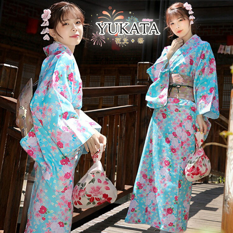 Female Yukatas - 浴衣 レディース ゆかた 水色 ブルー 花柄 フラワー柄 桜 レトロ 可愛い 浴衣 高校生 浴衣 セット ゆかた 160 女性 大人 作り帯 兵児帯 和風 写真撮影 夏 花火大会 夏祭り お祭り 花見 盆踊り 旅館旅行 和装 レトロモダン 上品 涼しげ 華やか フェミニン インスタ映え