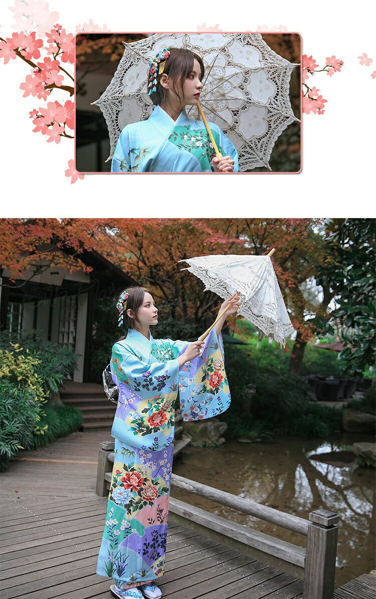 Silk Playerの浴衣 セット レディース ゆかた 浴衣セット 帯 下駄 女性 花柄 和柄 牡丹柄 青紫 古典柄 レトロ モダン レトロモダン 大人 かわいい 上品 おしゃれ 夏祭り 花火大会 浴衣 160 20代 30代 高校生 中学生 浴衣レディース 着付け簡単 写真映え 和風 涼しい 青 水色 くすみカラー｜アングル2