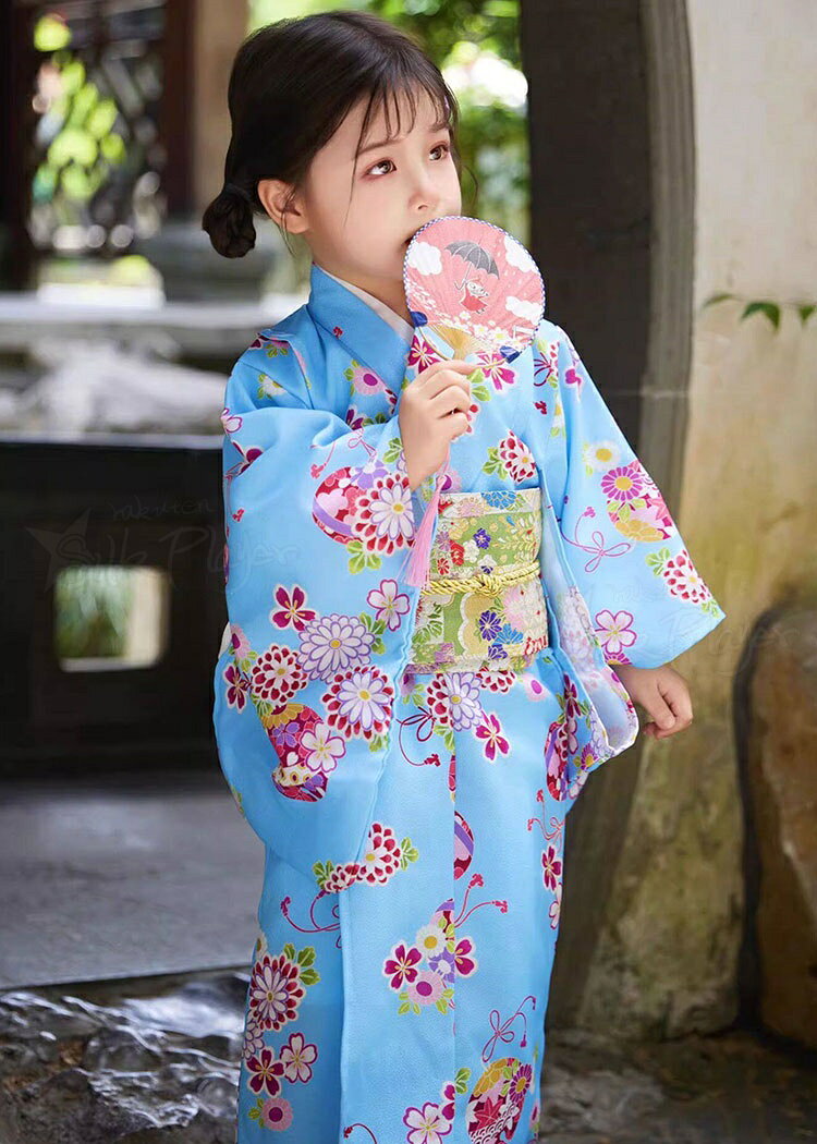 浴衣 セット 可愛い 水色 花柄 浴衣 子供 女の子 130 140 小学生 ブルー 浴衣 子供...