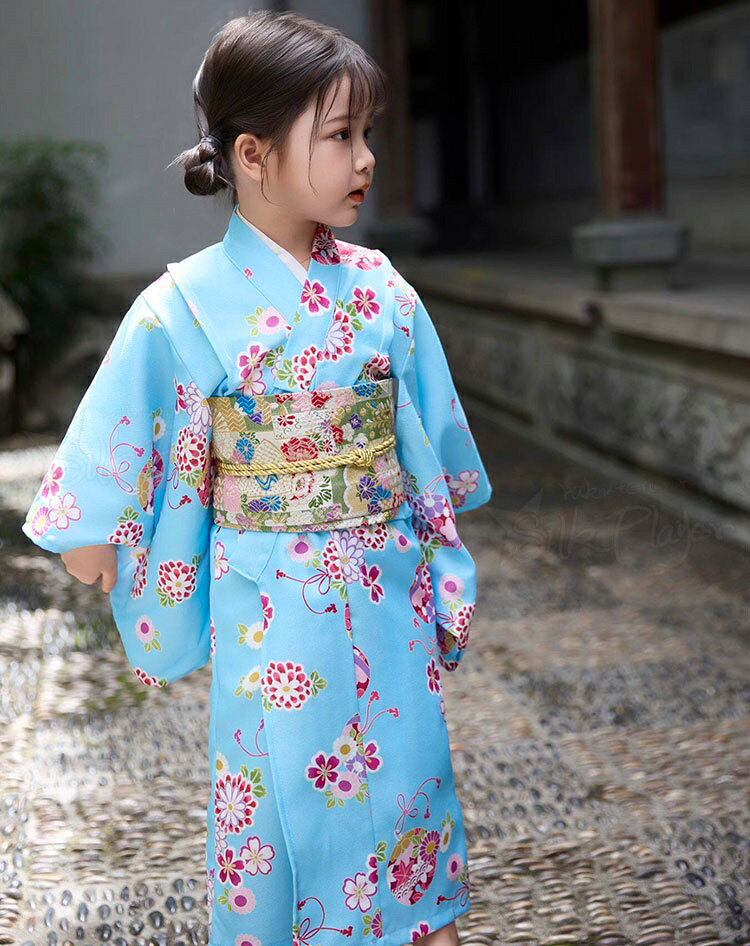 浴衣 セット 可愛い 水色 花柄 浴衣 子供 女の子 130 140 小学生 ブルー 浴衣 子供...
