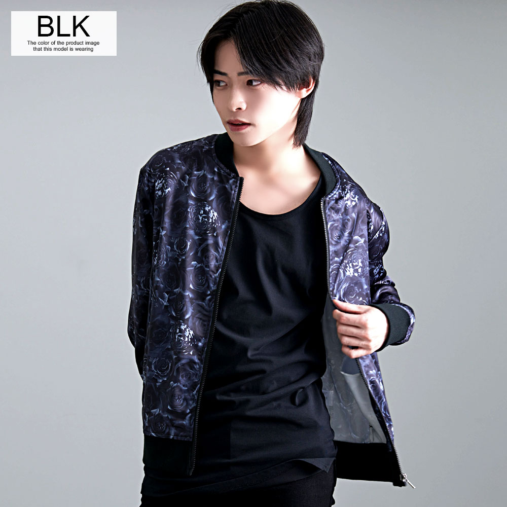 【送料無料】MA-1 メンズ おしゃれ MA-1ジャケット MA1 ボンバージャケット 花柄 薔薇柄 バラ柄 総柄 ローズ プリント 細身 タイト ブラック ブルー 黒 青 M L CavariA キャバリア ブランド 春 秋 冬 カジュアル ストリート 原宿系 モード系 ユニセックス