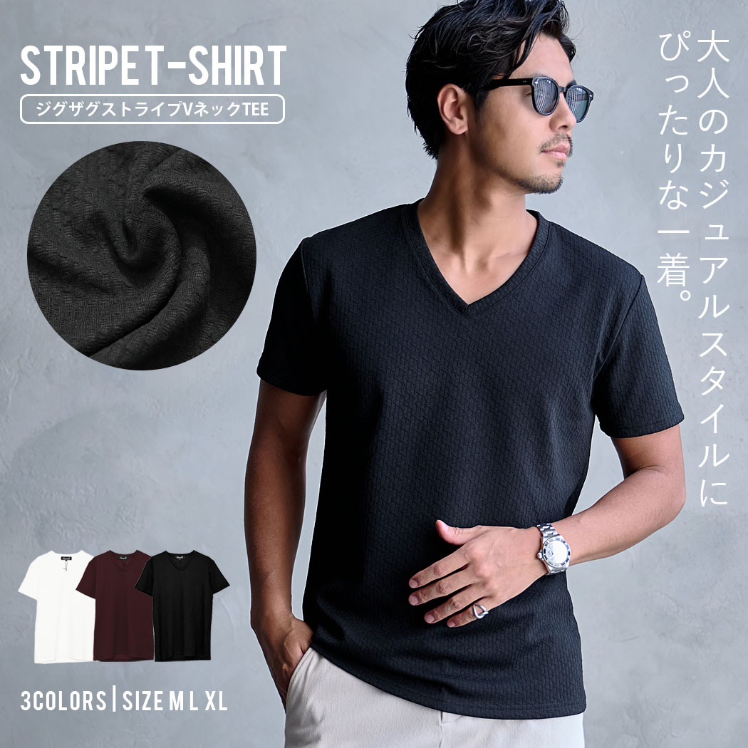 Rakuten - 【送料無料】Tシャツ メンズ おしゃれ 半袖 半袖Tシャツ Vネック ストレッチ 伸縮性 カットソー ジャガード ストライプ トップス インナー 細身 白T 白Tシャツ シンプル CavariA 大人 カジュアル 春 春服 夏 夏服 春夏 ちょいワル 男性 男 20代 30代 40代 50代 ファッション