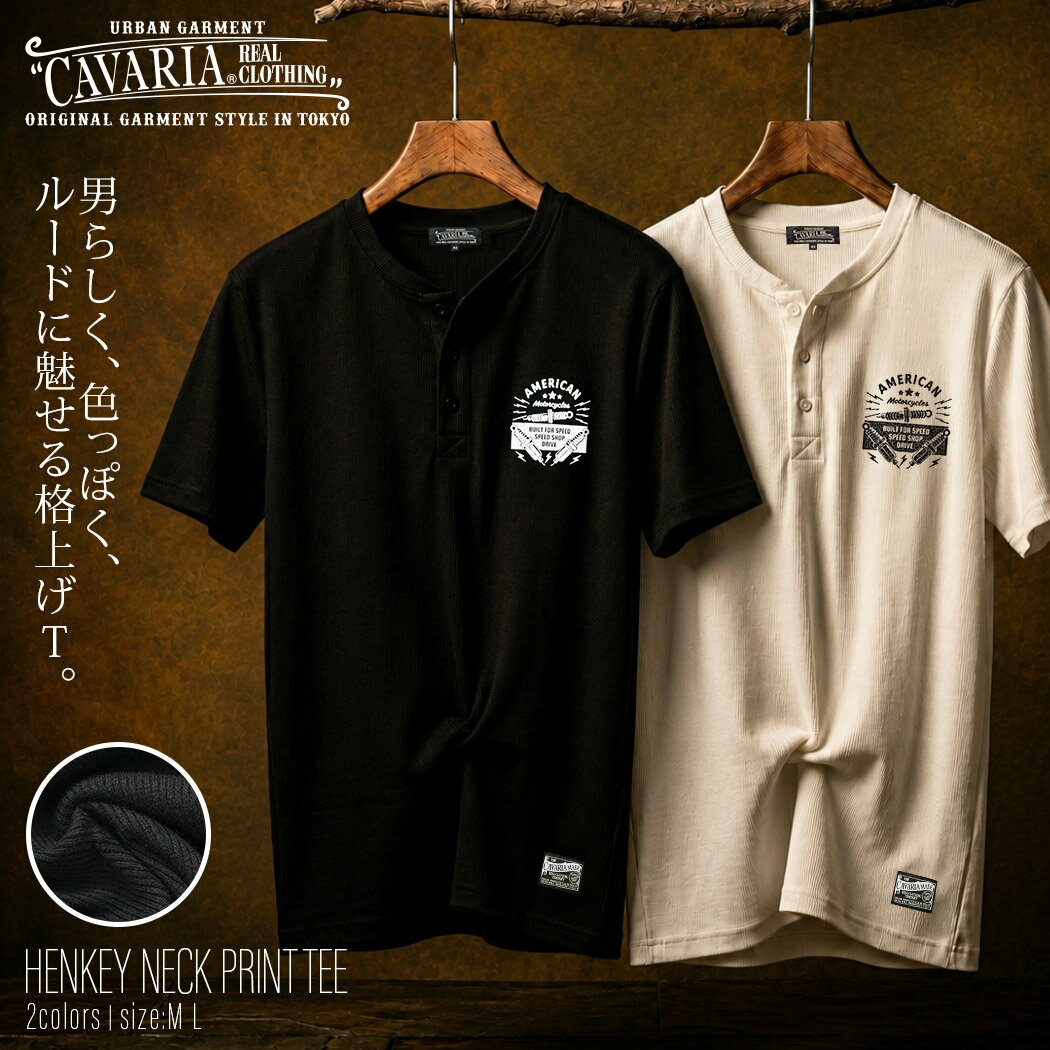 乐天商城 - 【送料無料】Tシャツ メンズ 半袖 ブランド ヘンリーネック おしゃれ 半袖Tシャツ プリント ロゴ ストレッチ 伸縮 テレコ トップス カットソー 白T 白Tシャツ シンプル 定番 アメカジ CavariA 大人 20代 30代 40代 50代 ちょいワル クール ユニセックス 男性 服 春 夏 春夏