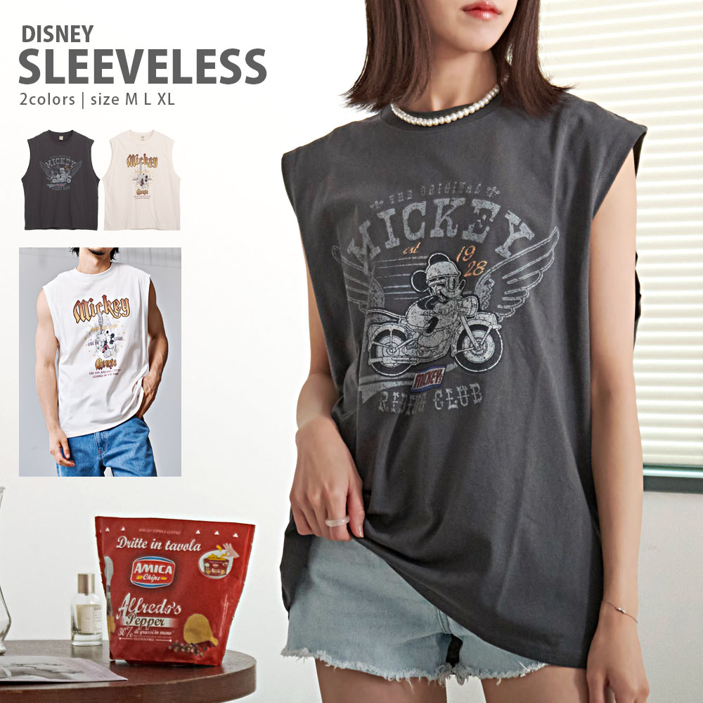 Tシャツ レディース メンズ ノースリーブ DISNEY ディズニー ピグメント風 ミッキーマウス タンクトップ ヴィンテージ ビンテージ 古着 バイク ギター ロックTシャツ バンドTシャツ 男女兼用 大人 20代 30代 40代 ユニセックス 男性 男 服 春 夏 夏服 春夏 ファッション↑↑のサムネイル