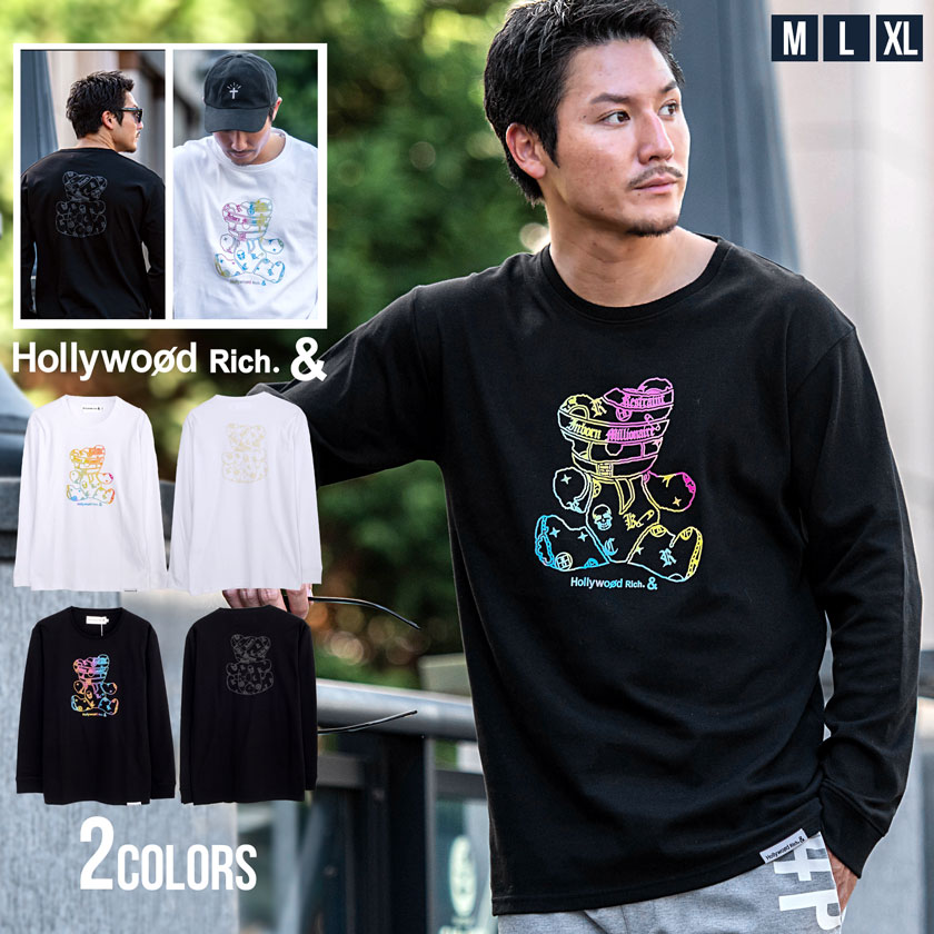 ロンT メンズ Tシャツ おしゃれ 長袖 長袖Tシャツ カットソー ロゴ ブランドロゴ プリント クマ 熊 ベア ブラック ホワイト 黒 白 細身 スリム M L 秋 冬 秋冬 Hollywood rich.& ハリウッドリッチ ゴルフ ゴルフウェア ゴルフウエア カジュアル