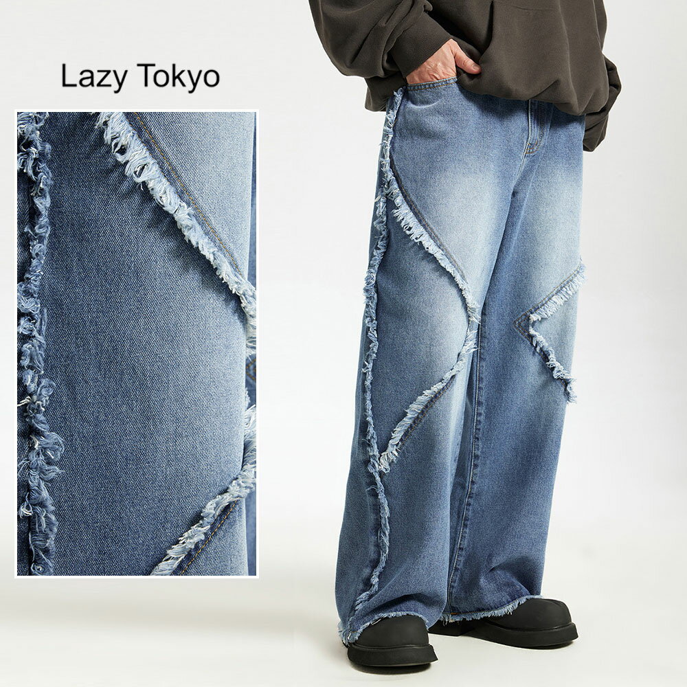 【送料無料】デニムパンツ メンズ おしゃれ ブランド ジーパン Gパン ジーンズ バギー ワイドパンツ フリンジ ブリーチ加工 摺り加工 ヴィンテージ風 古着風 シンプル デニム Lazy Tokyo 大人 20代 30代 40代 50代 ちょいワル 男性 男 服 秋 冬 秋冬 ファッション