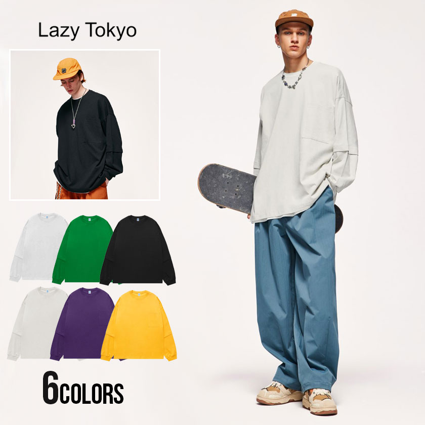 【送料無料】長袖Tシャツ メンズ オーバーサイズ ロンT 長袖 Tシャツ トップス カットソー ビッグシルエット Lazy Tokyo レイジートウキョウ ホワイト グリーン ブラック ライトグレー 白T 白T…