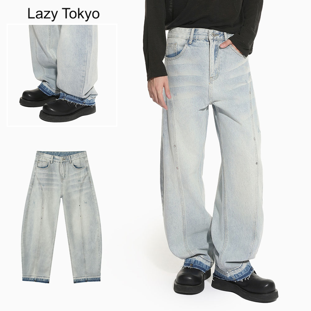 Rakuten - 【送料無料】デニムパンツ メンズ レディース ジーンズ ジーパン Gパン ワイドパンツ ワイドデニム カーブシルエット バレルパンツ ブルー ヴィンテージ ビンテージ S M L XL LL Lazy Tokyo 大人 20代 30代 40代 50代 ユニセックス 男性 男 服 秋 冬 秋冬 ファッション