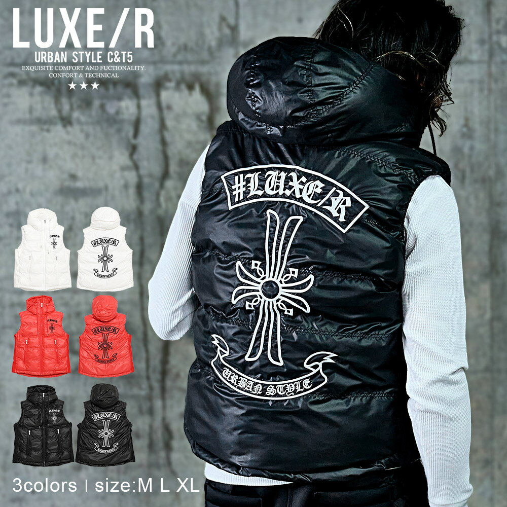 【送料無料】中綿ベスト メンズ アウター おしゃれ 中綿ブルゾン 中綿ジャケット クロス 十字架 ロゴ 刺繍 防寒 暖かい あったか 軽量 ホワイト ブラック LL LUXE/R ラグジュ ブランド 大人 20代 30代 40代 50代 ちょいワル ユニセックス 男性 男 服 秋 冬 秋冬 ファッション