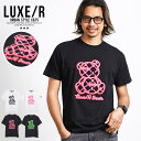 【送料無料】Tシャツ メンズ 半袖 ブランド 白T 白Tシャツ トップス クルーネック ベア クマ プリント コード刺繍 ロゴ 蛍光 ネオン 綿100% 細身 スリム タイト ストレッチ ホワイト ブラック 白 黒 M L XL LUXE/R ラグジュ ユニセックス 服 春 夏 春服 夏服 20代 30代 40代