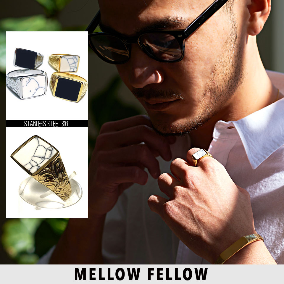 リング 指輪 メンズ MELLOW FELLOW メローフェロー 天然石 スクエアデザイン アクセサリー ジュエリー ユニセックス ハワイアン サージカルステンレス プレゼント 贈り物 ギフト 2022