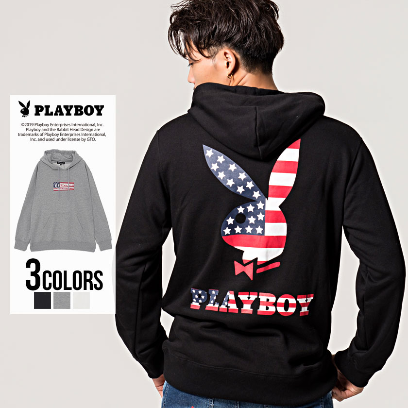 パーカー メンズ ブランド プリント PLAYBOY【プレイボーイ】American Flagプルパーカー/全3色 【あす楽対応】【星条旗柄 国旗柄 プルオーバー ブラック グレー ホワイト 黒 白 M L BITTER系 ビター系 秋 冬 2019】【DTK】