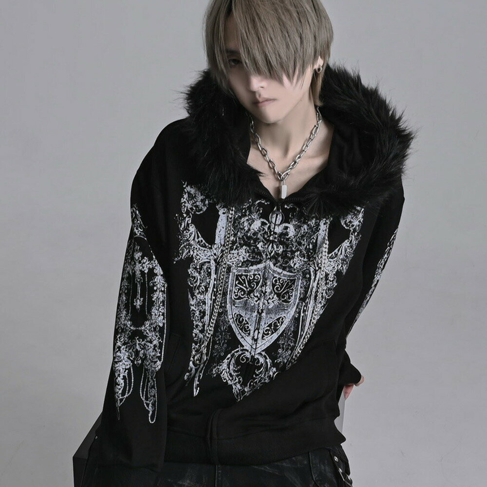 【送料無料】パーカー メンズ ジップパーカー フーディー ブランド おしゃれ ファーパーカー デザイン 長袖 ストーン 大きいサイズ モード Y2K カジュアル ブラック グレー M L PSYCHO NATION 大人 20代 30代 40代 50代 ユニセックス 男性 男 服 秋 冬 秋冬 ファッション