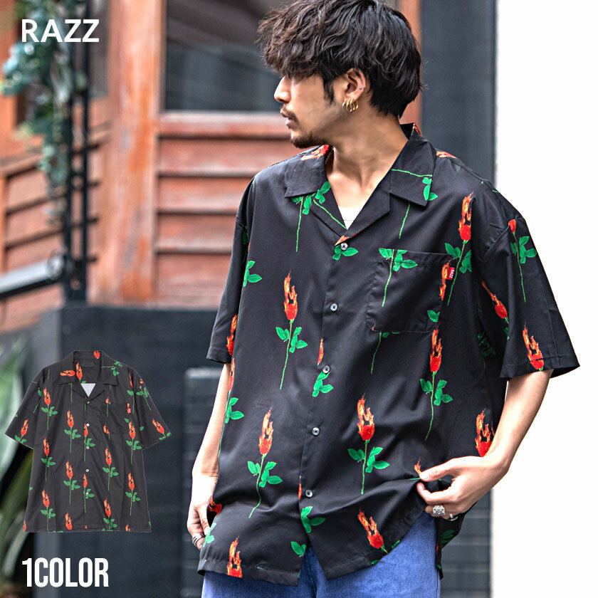 【送料無料】シャツ メンズ RAZZIS ラズ おしゃれ 大人 開襟 半袖 半袖シャツ ファッション トップス オープンカラー 開襟シャツ 薔薇 バラ フラワー ブラック 黒 ストリートファッション ストリート系 韓国ファッション モード アロハシャツ 夏 SALE