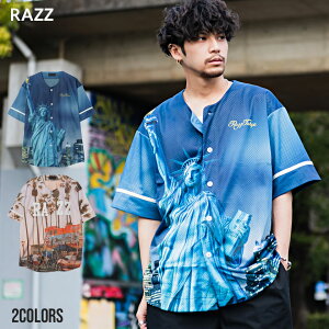 【送料無料】ベースボールシャツ メンズ RAZZIS ラズ おしゃれ 半袖 シャツ Tシャツ トップス 半袖シャツ 総柄 ヤシの木 パームツリー 自由の女神 マンハッタン ホワイト ブルー 白 青 ストリートファッション ストリート系 韓国ファッション【あす楽対応】【DTK】