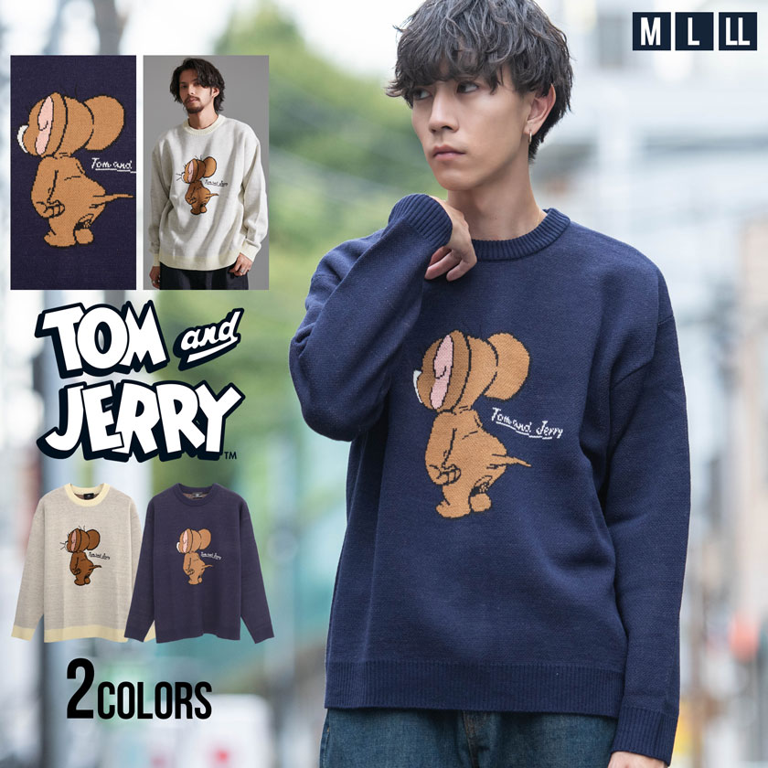 【送料無料】TOM&JERRY トムとジェリー ニット メンズ セーター ジャガード クルーネック ロゴ 暖かい 防寒 ビッグシルエット オーバーサイズ ゆったり ホワイト ネイビー 白 M L LL ユニセッ…