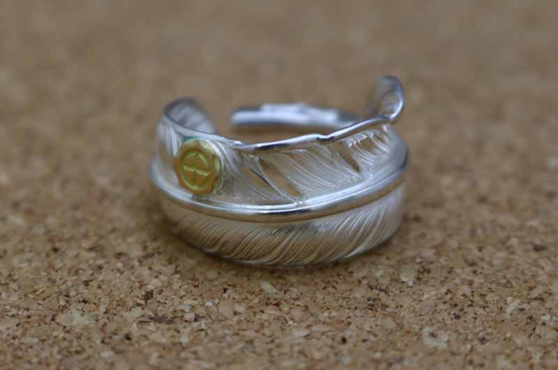 K18ホイール付き シルバーフェザー リング 【M】アメカジ ネイティブ系 ネイティブアメリカン アクセサリー シルバー ジュエリー イーグル 鷲 指輪 羽根 羽 翼 銀 シルバー925 ユニセックス メンズ レディース ペア ギフト プレゼント 誕生日 記念日