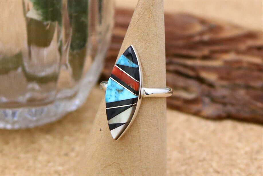 インディアンジュエリー ズニ族 オーバル インレイ デザイン ズニカラー リング 10号 ネイティブ アメリカン シルバー アクセサリー レディース ユニセック...