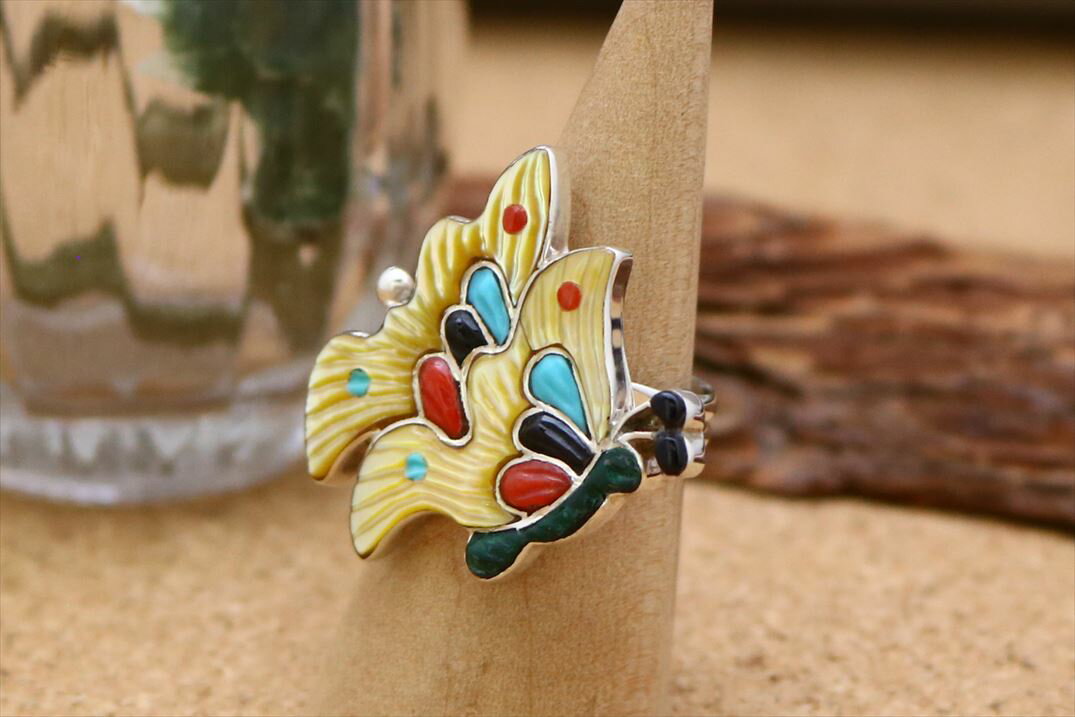 インディアンジュエリー ズニ族 Tamara Pinto 作 バタフライ 蝶 ちょうちょ インレイ デザイン リング 15号 ネイティブ アメリカン シルバー ...
