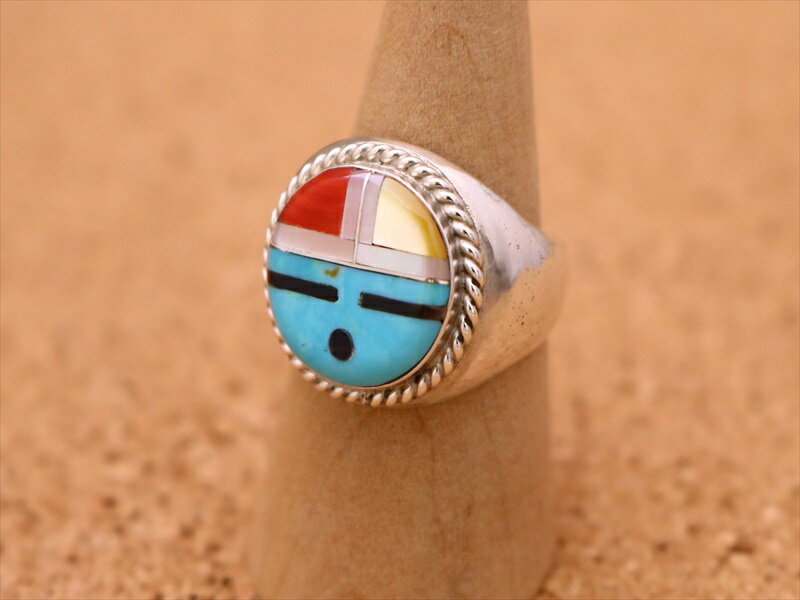 インディアンジュエリー ズニ族 リング インレイ 印台リング 22号 サンフェイス ワイヤーワーク ネイティブ アメリカン シルバー アクセサリー メンズ レデ...