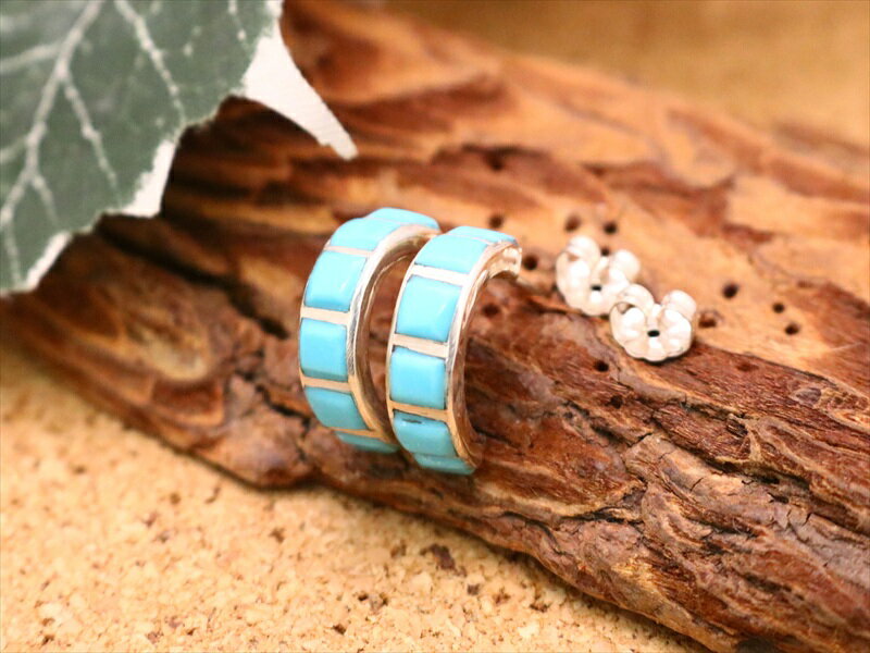 インディアンジュエリー ズニ族 ピアス インレイ 縦長 ターコイズ デザイン ハーフフープピアス ネイティブ アメリカン シルバー アクセサリー メンズ レディ...