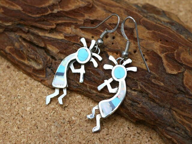 インディアンジュエリー ズニ族 ココペリ モチーフ インレイ デザイン ぶら下がり ピアス ネイティブ アメリカン シルバー アクセサリー ジュエリー レディー...