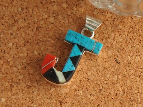 【アルファベットJ】インディアンジュエリー・ズニ族 E.C.K.(Elcario & Cleo Kallestewa)作 インレイ・イニシャル ペンダントトップ...