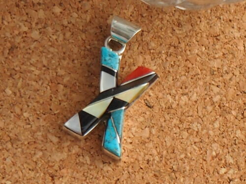 【アルファベットX】インディアンジュエリー・ズニ族 E.C.K.(Elcario & Cleo Kallestewa)作 インレイ・イニシャル ペンダントトップ...