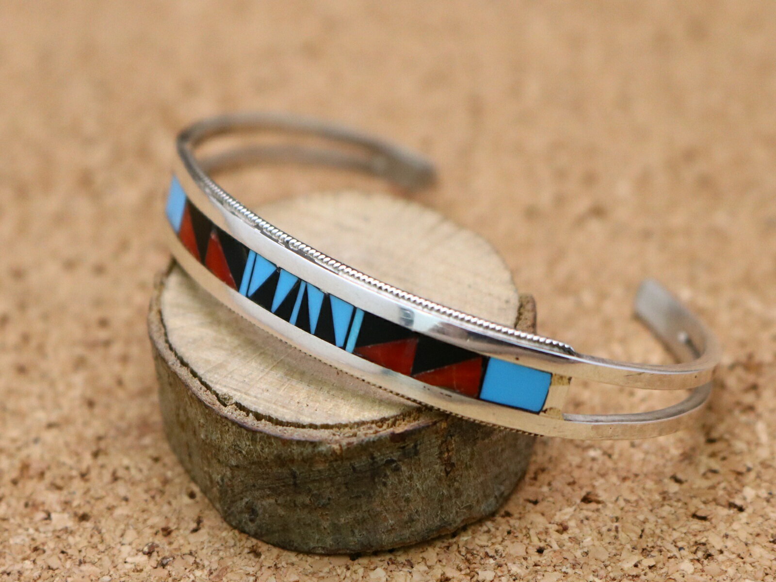 インディアンジュエリー ズニ族 ターコイズ コーラル ジェット バングル インレイ ネイティブ アメリカン シルバー アクセサリー ジュエリー レディース メン...