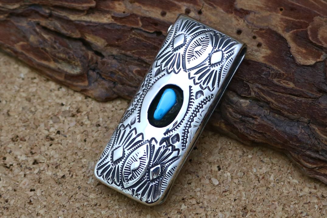 インディアンジュエリー ナバホ族 シルバー ターコイズ スタンプワーク シャドウボックス マネークリップ ネイティブ アメリカン アクセサリー ジュエリー 92...