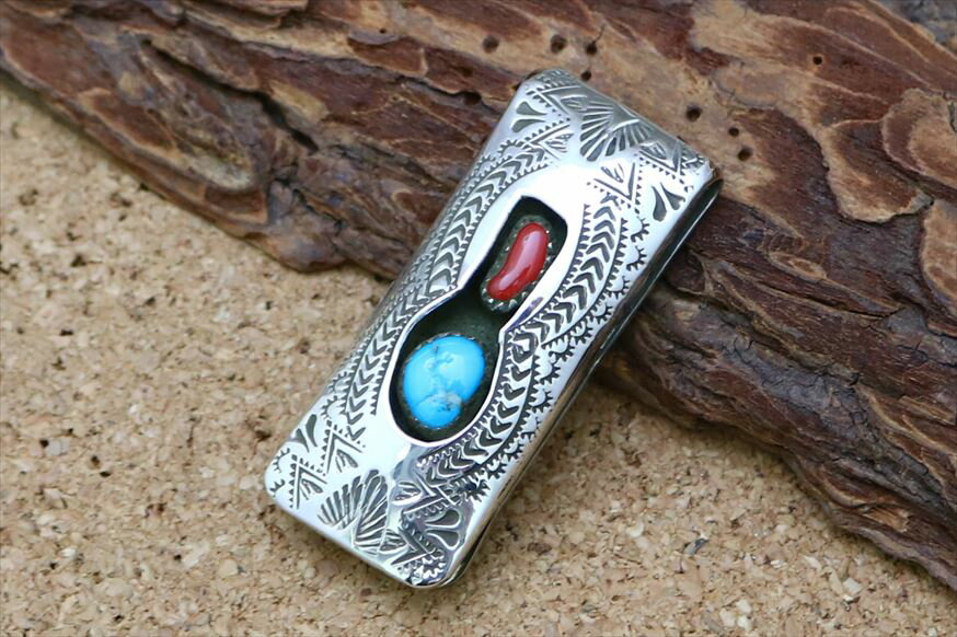 インディアンジュエリー ナバホ族 シルバー ターコイズ コーラル スタンプワーク シャドウボックス マネークリップ ネイティブ アメリカン アクセサリー ジュエ...