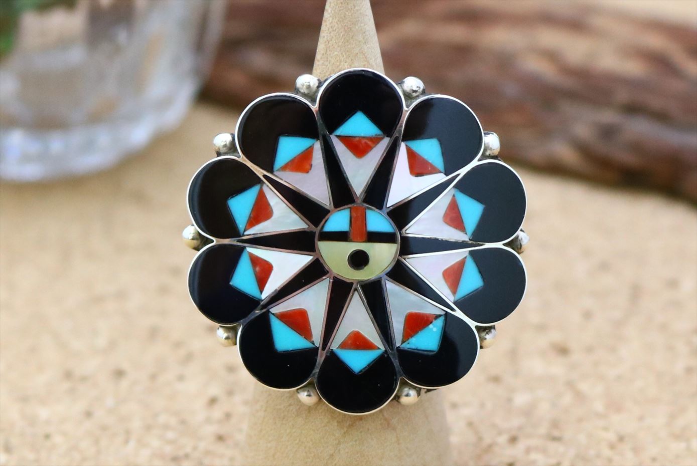 インディアンジュエリー ズニ族 Delwin Gasper (デルウィン・ギャスパー) 作 サンフェイス インレイ デザイン リング 9号 ネイティブ アメリカン シルバー アクセサリー レディース ユニセックス ジュエリー ギフト プレゼント