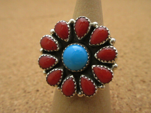 インディアンジュエリー ナバホ族 作 14号 リング クラスターリング ターコイズ コーラル ネイティブ ..