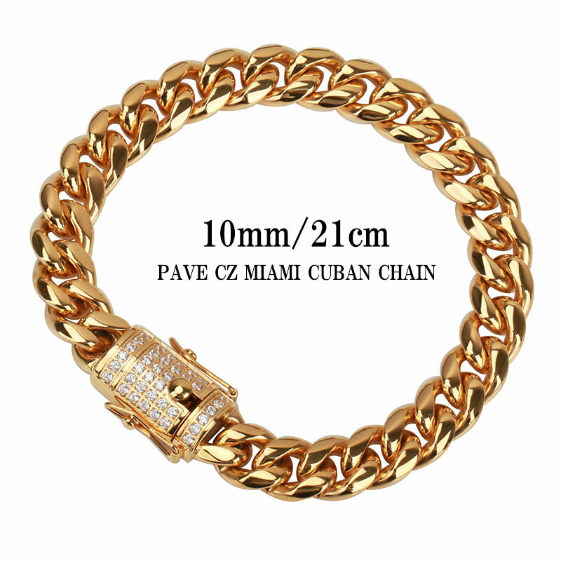 STAINLESS STEEL 幅10mm 金 ゴールド 喜平ブレスレット ブリンブリン 差し込み式 二重ロック 喜平チェーンブレスレット 21cm パヴェCZ...