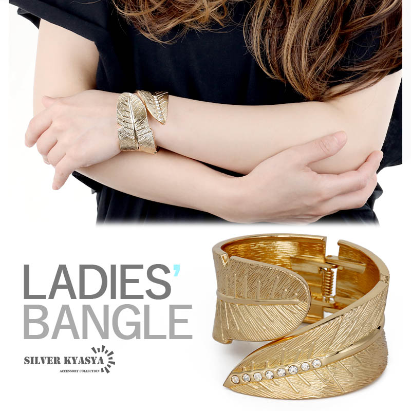 \スーパーSALE 10%OFF 2,860円→2,574円 /フェザーバングル ワイドバングル 羽根 太め 幅広 太めバングル ジルコニア 大ぶり ゴールド ...