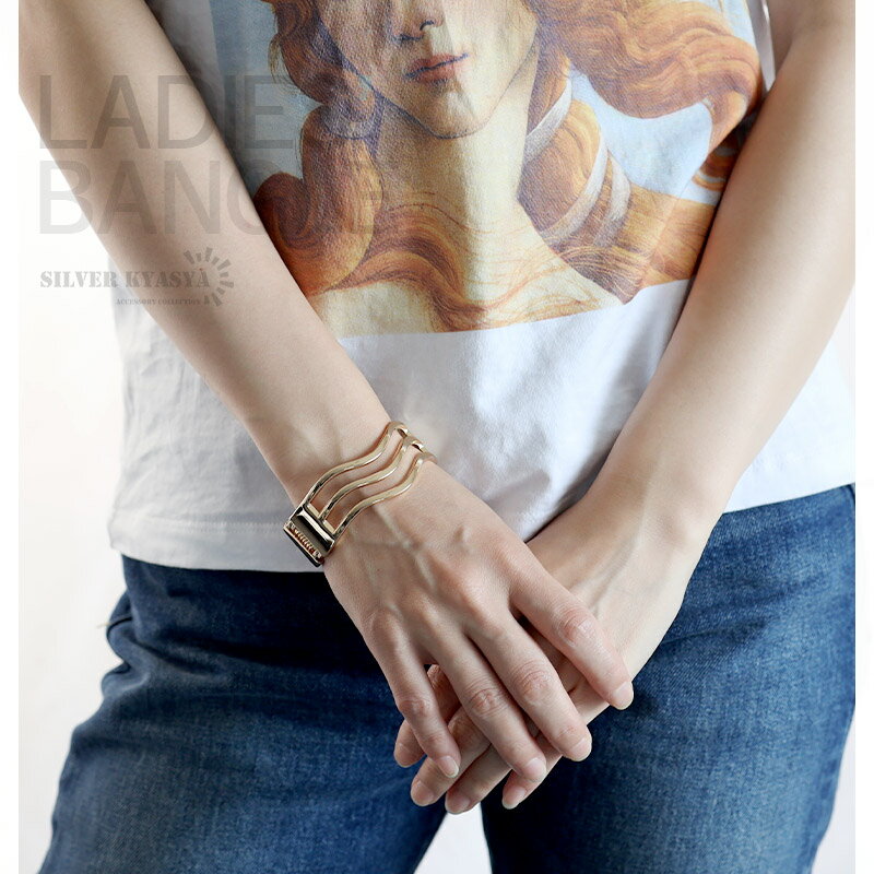 バングル レディース 太幅 ワイド ウェーブ スリーライン 大人 おしゃれ 腕輪 ゴールド 開閉式 ワイドバングル かわいい