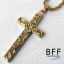 BFF ブランド クロスネックレス ゴールド 18K GP gold 金色 Lサイズ プルメリア 十字架 ハワイアンジュエリー ロープチェーン 彫金 手彫り 専用BOX付属