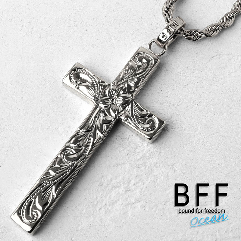 ＼スーパーSALE 10%OFF 7,800円→7,020円 ／BFF ブランド クロスネックレス シルバー 銀色 silver Lサイズ プルメリア 十字架 ハワイアンジュエリー ロープチェーン 彫金 手彫り 専用BOX付属 父の日