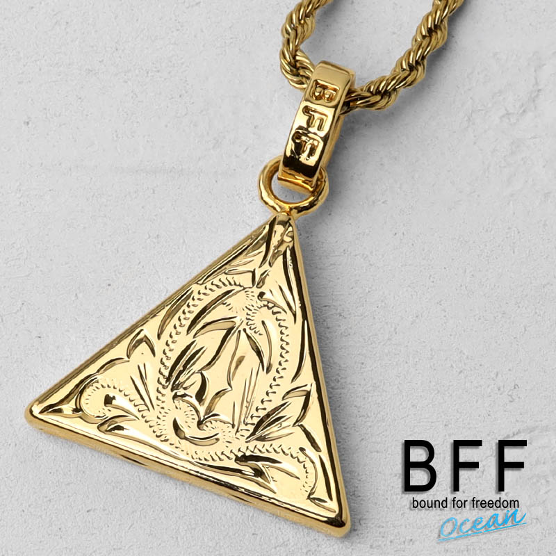 ＼土日限定！10％OFFクーポン有！／ BFF ブランド トライアングルネックレス ゴールド 18K GP gold 金色 プルメリア 三角形 ハワイアンジュエリー ロープチェーン 彫金 手彫り 専用BOX付属 父の日