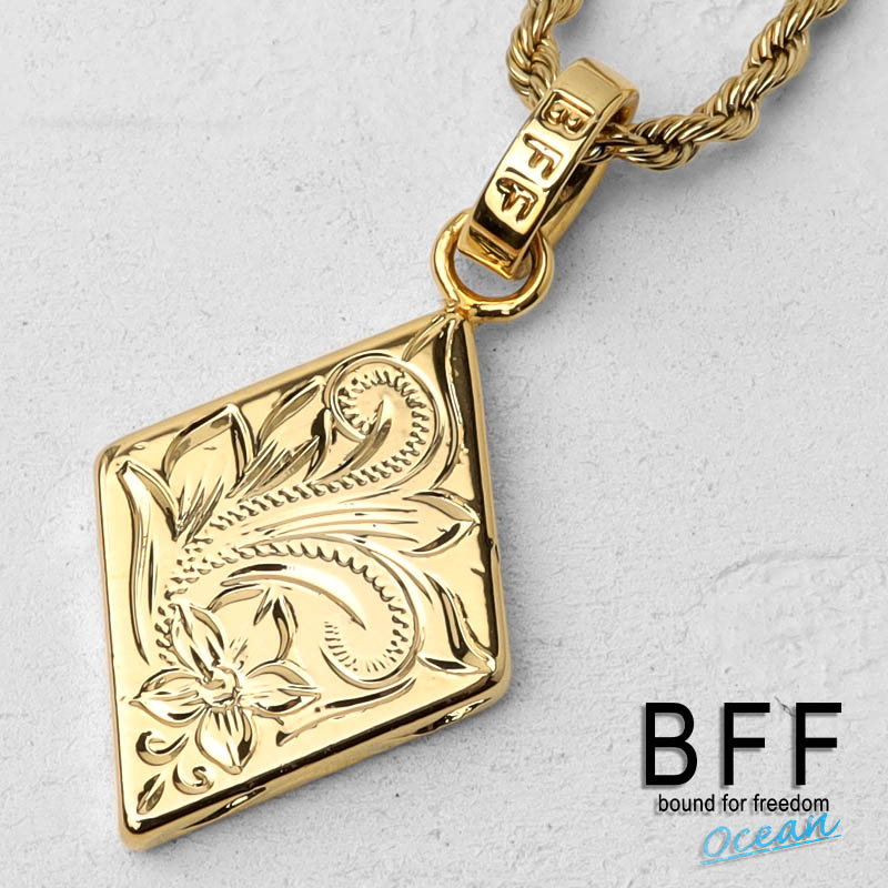 BFF ブランド ラムバスネックレス ゴールド 18K GP gold 金色 プルメリア ひし形 ダイヤ ハワイアンジュエリー ロープチェーン 彫金 手彫り 専用BOX付属 父の日