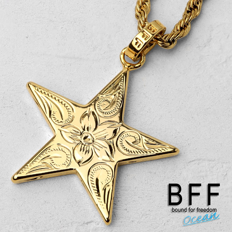 BFF ブランド スターネックレス ゴールド 18K GP gold 金色 プルメリア 星 ハワイアンジュエリー ロープチェーン 彫金 手彫り 専用BOX付属 父の日