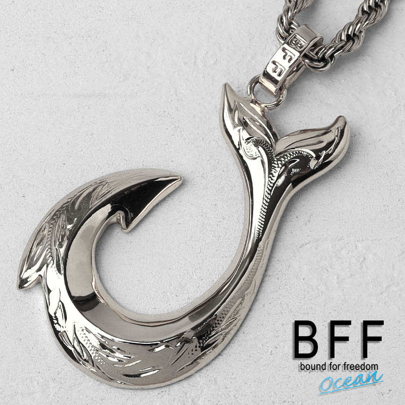 BFF ブランド フィッシュフックネックレス シルバー 銀色 silver マイレ スクロール 釣り針 ハワイアンジュエリー ロープチェーン 彫金 手彫り 専用BOX付属 父の日